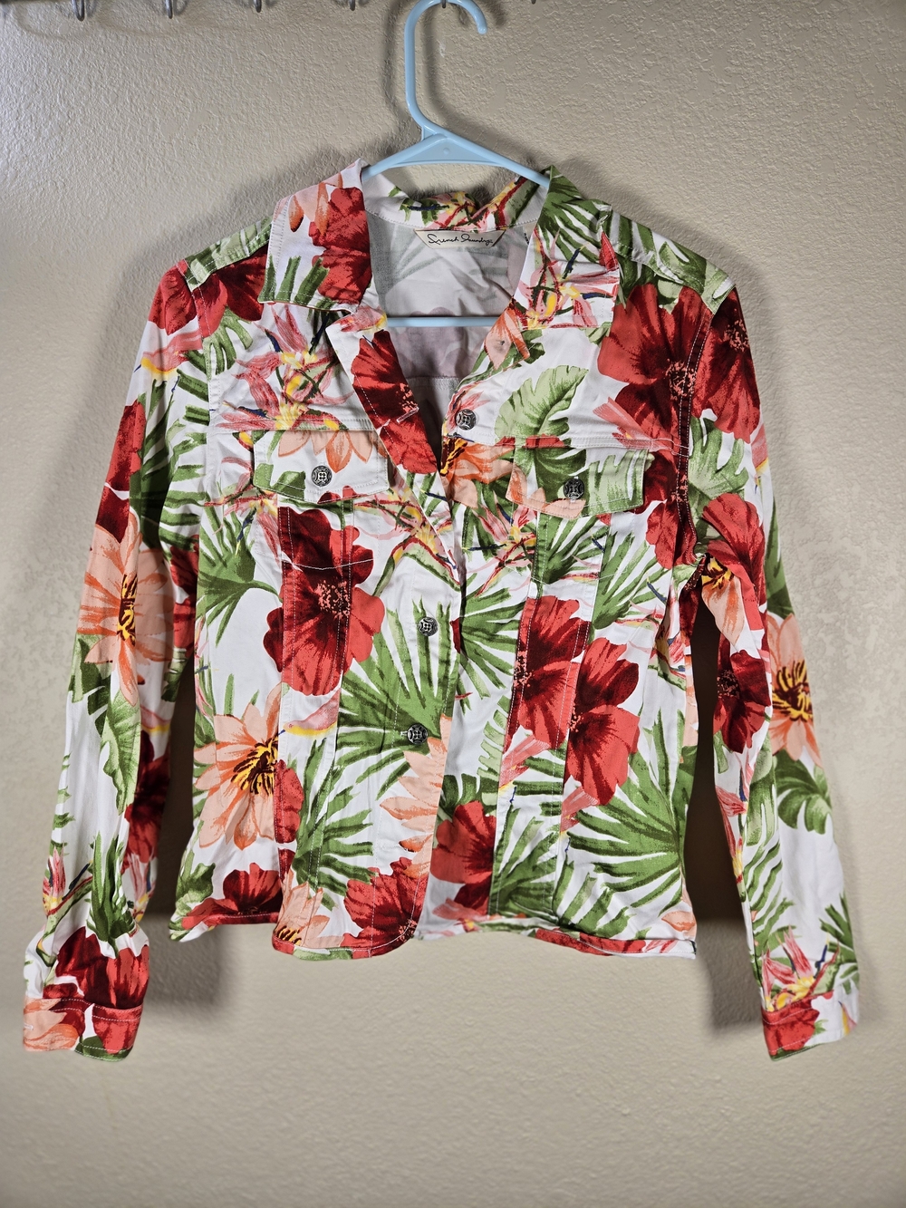 French Laundry Women’s White Floral Jean Jacket - Red & Green